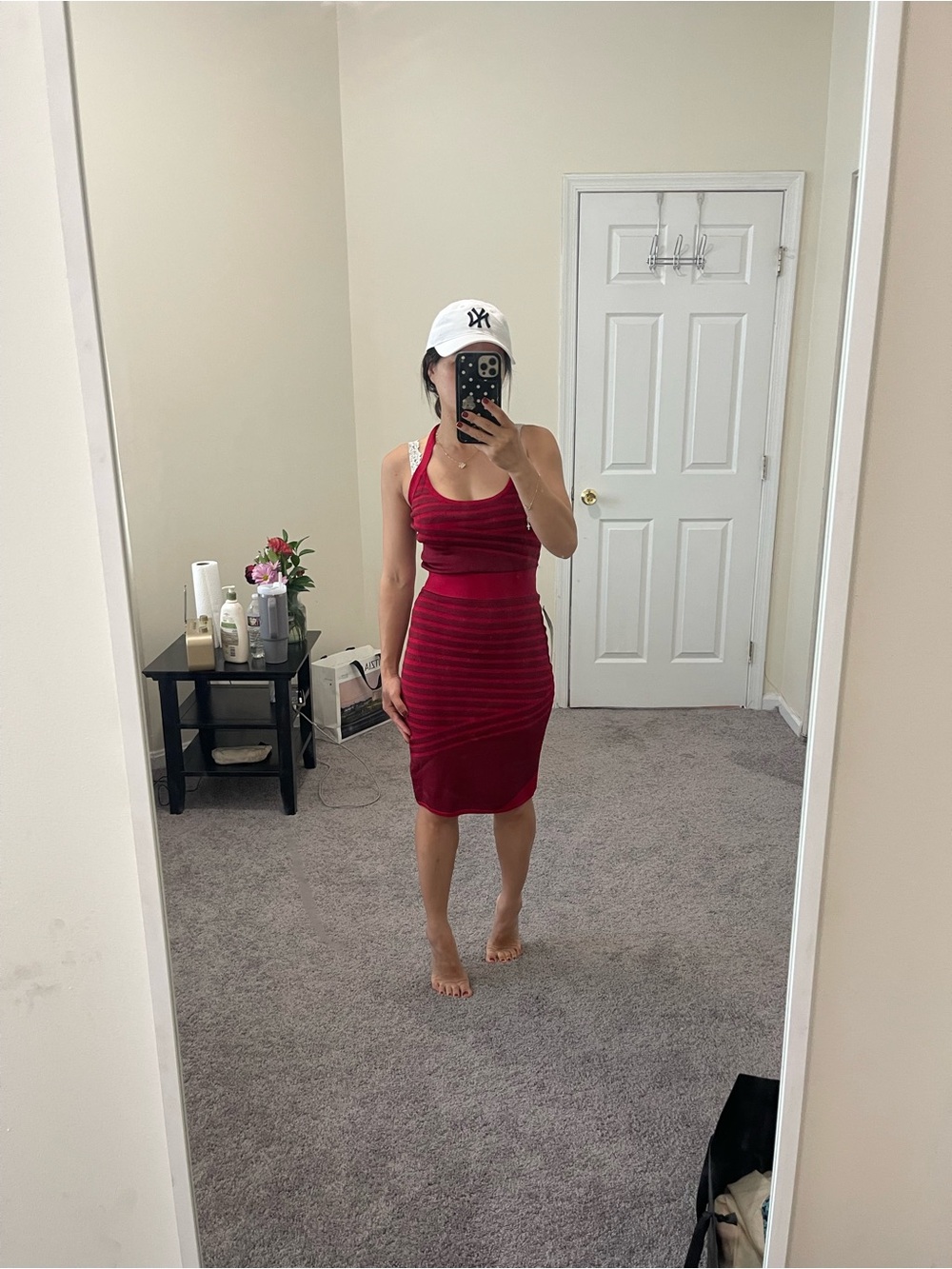 bebe Red and Dark Red Striped Halter Bodycon Mini Dress